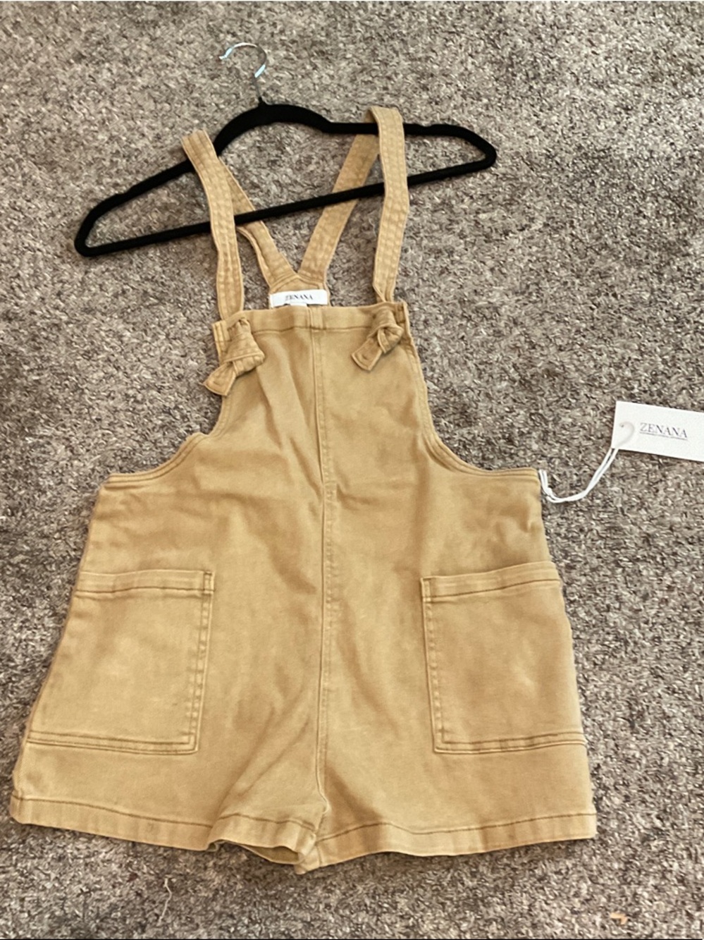 Zenana Outfitters Tan Overall Shorts with Front Pockets in color Almond
